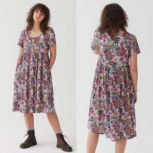 Lazy Oaf Mixed Bunch Flower Midi Length Dress - Purple | Size 8